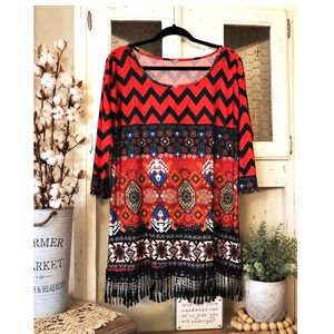 R.‎ Rouge Bohemian Tribal Print 3/4 Sleeve Tunic Fringe Hem Boho Inspired Large
